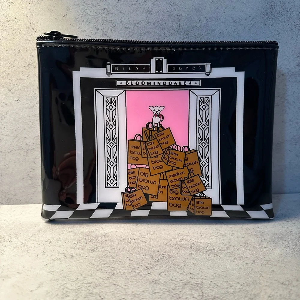 Bloomingdale's Black Pink Shopper Pouch with Brown Bag Print